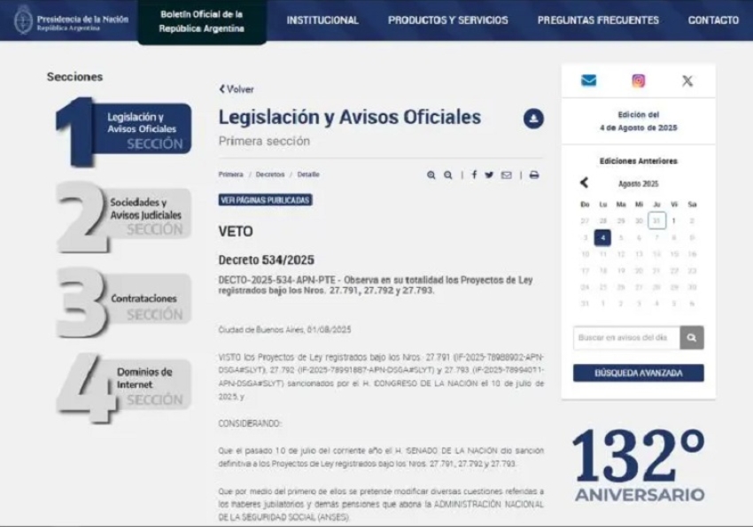 Ya es oficial: Milei vet&oacute; en bloque las tres leyes sociales aprobadas por el Congreso